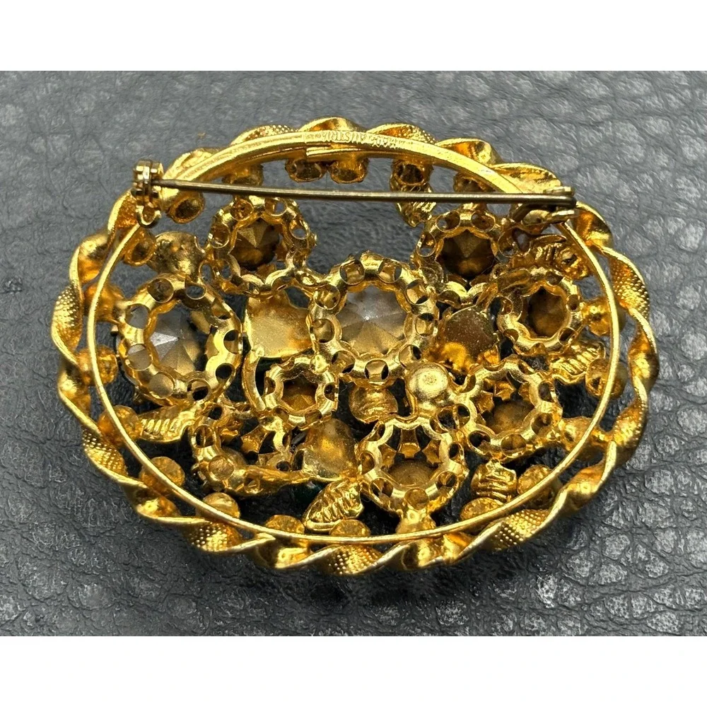 VTG Austria Gold Tone Filigree Brooch Blue Green Heart Rhinestone Pin READ